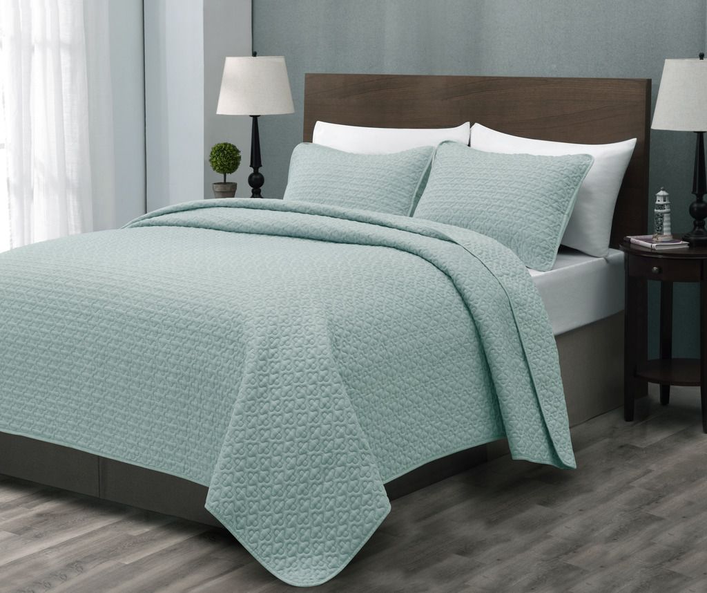 Madison Quilted Bedspread Set, Aqua Green Coverlet Light Weight Bed